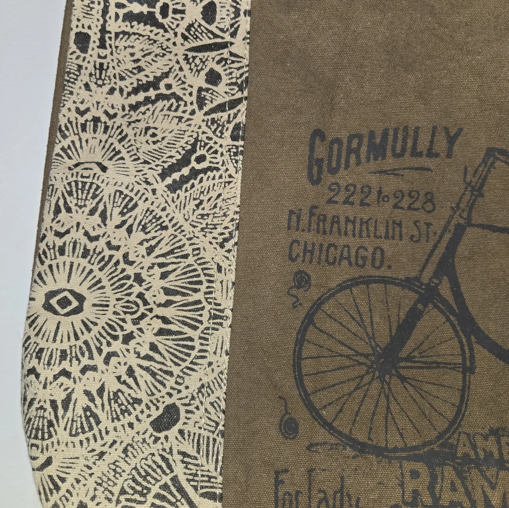 MYRA Bicycle Print Canvas/ Leather Tote Bag S-0935 18" X 13"  12"handles - Picture 3 of 15